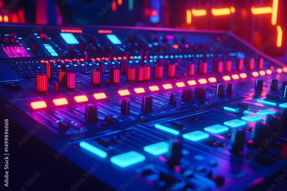 Fototapeta premium Vibrant neon lights illuminate a professional audio mixing console, perfect for music production studios and live events.