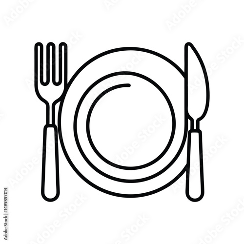 Plate with Knife and Fork Isolated on White Background – Dining Icon for Menus, Apps, or Kitchen Design
