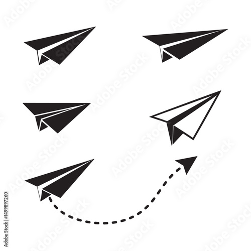 Paper Airplane Vector Icons – Minimalist Silhouettes and Monochrome Flight Trajectory Illustrations


