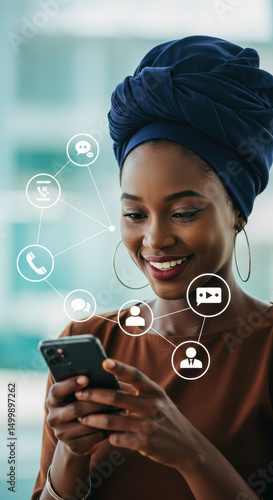  Connected Woman: Engaging with Social Media on Mobile, African Beauty with Headwrap & Modern Tech, Digital Lifestyle