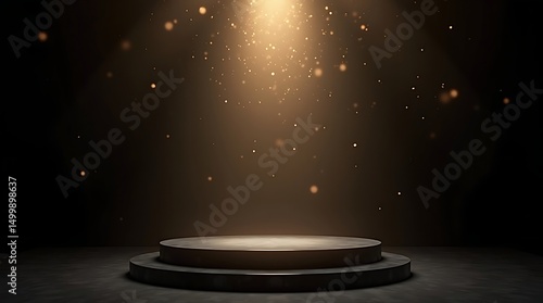 Dark stage with illuminated pedestal golden dust