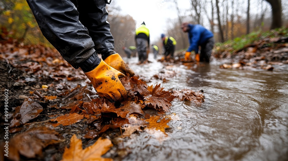 Obraz premium Workers are removing leaves from a shallow stream during an outdoor cleanup effort.