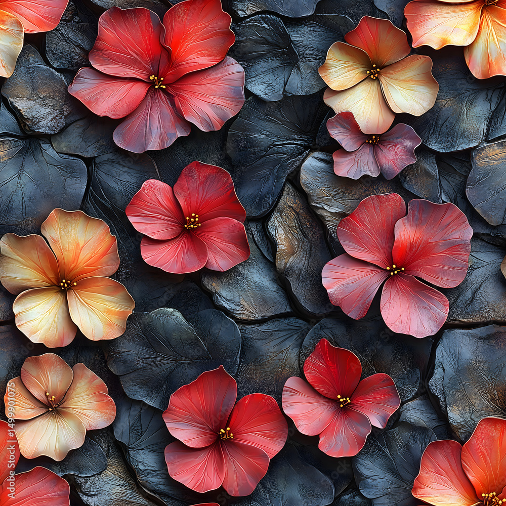 custom made wallpaper toronto digitalVibrant hibiscus flowers with detailed petals on a textured dark background, seamless pattern.