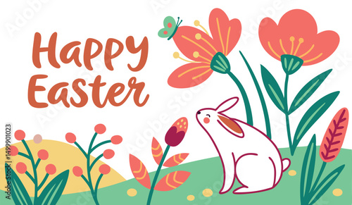 Happy Easter Whimsical Bunny and Spring Flowers Illustration