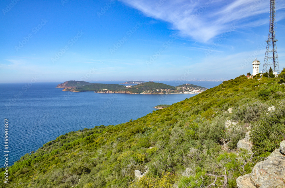 Obraz premium Burgazada island and Marmara sea scenic view from Yücetepe hill on Buyukada island (Adalar, Turkiye)
