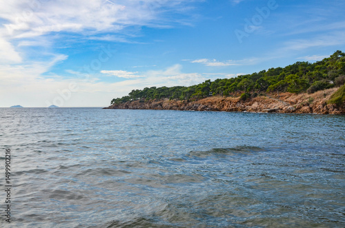 Marmara sea and Dilburnu point scenic view from Yorukali beach on Buyukada island (Adalar, Turkiye)