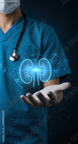 Kidney Health: Doctor Holding Hologram of Healthy Kidneys, Promoting Renal Care & Urological Wellness with Innovative Technology