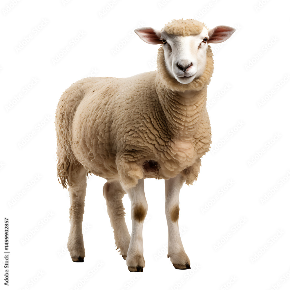 Fototapeta premium Young sheep looking at camera side view isolated on transparent background