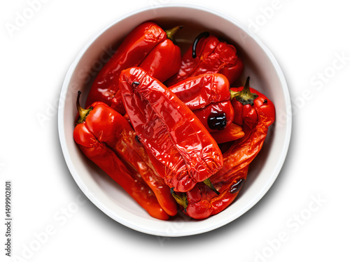 Grilled roasted red peppers in a white bowl, ready for cooking or snacking on the kitchen countertop