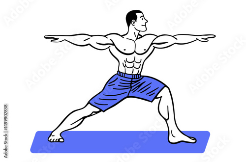 muscular man in a warrior yoga pose, cartoon exercise sketch