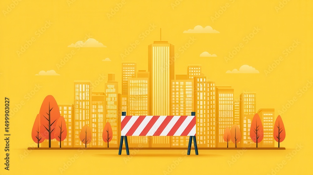 Naklejka premium Barricade tape in motion across urban layout, isolated on solid yellow background, illustrating closure notice and signal alert : Urban Safety & Traffic 