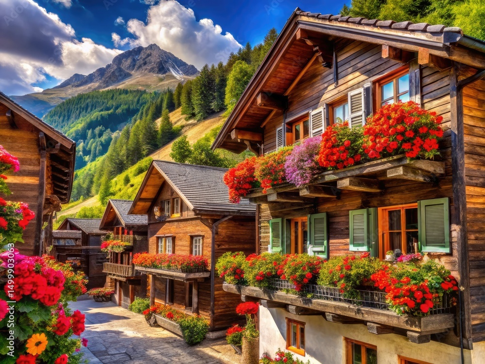 Obraz premium Grimentz Switzerland Alpine Village Wooden Houses Geranium Flowers Photography
