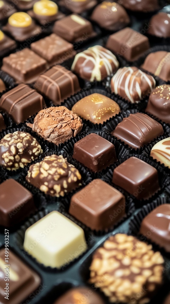 Delight in a beautiful assortment of gourmet chocolates displayed artistically, each piece unique, showcasing rich textures and elegant designs to tempt all chocolate lovers. Delight in a beautiful assortment of gourmet chocolates displayed artistically, each piece unique, showcasing rich textures and elegant designs to tempt all chocolate lovers.