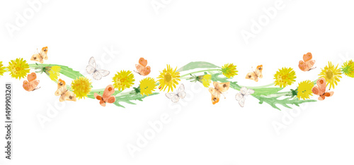 watercolor seamless border with Dandelion flowers with leaves. vector watercolour painting of taraxacum blooms and butterflies