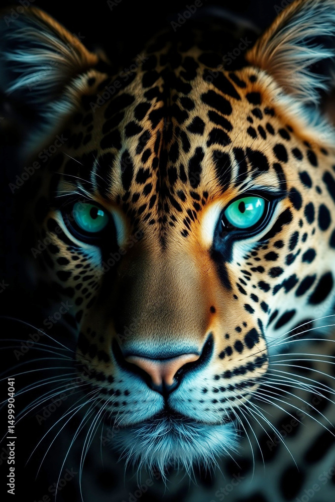 Obraz premium Stunning Leopard Close-Up with Intense Green Eyes in Dramatic Lighting