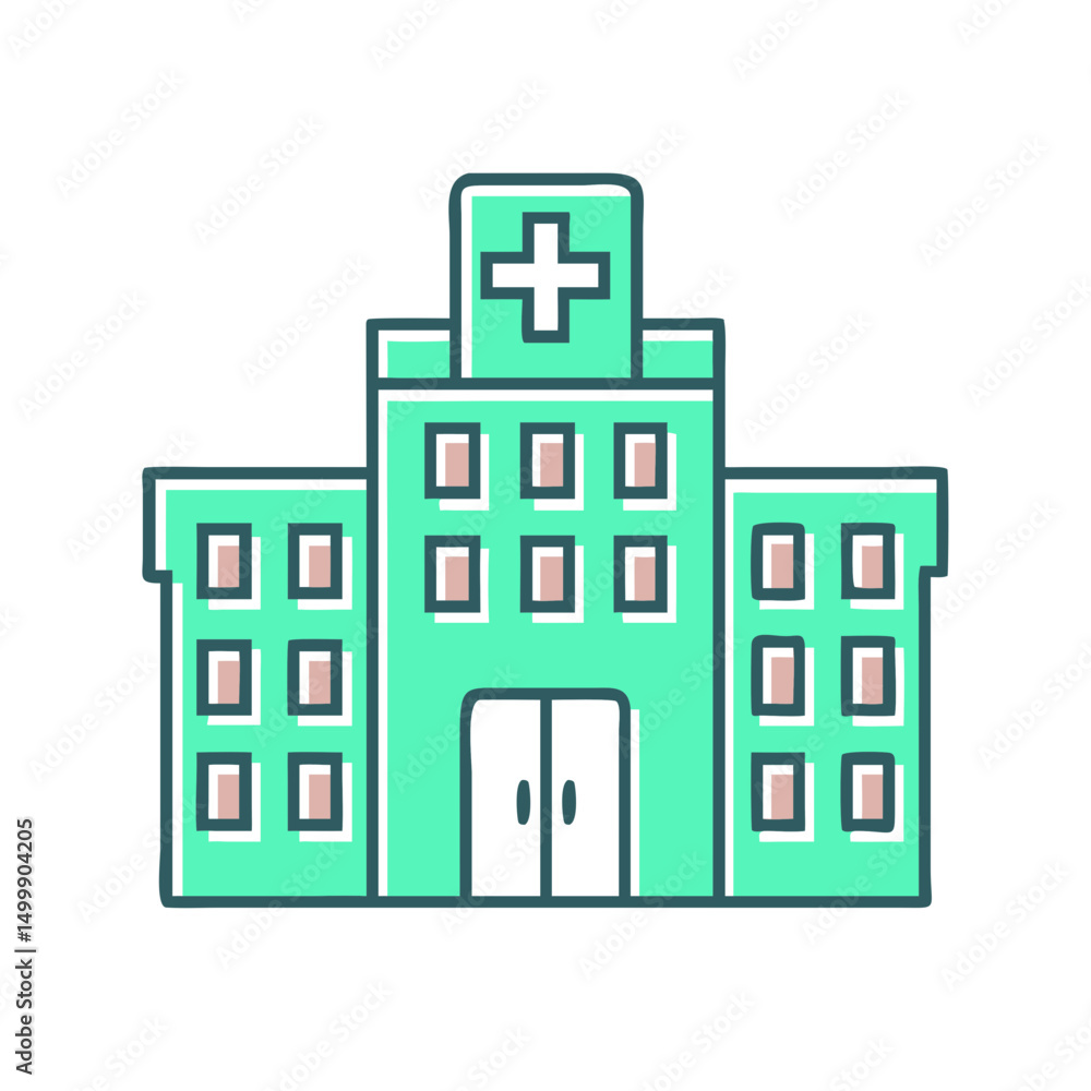 Fototapeta premium Hospital building illustration, teal and beige, for healthcare websites