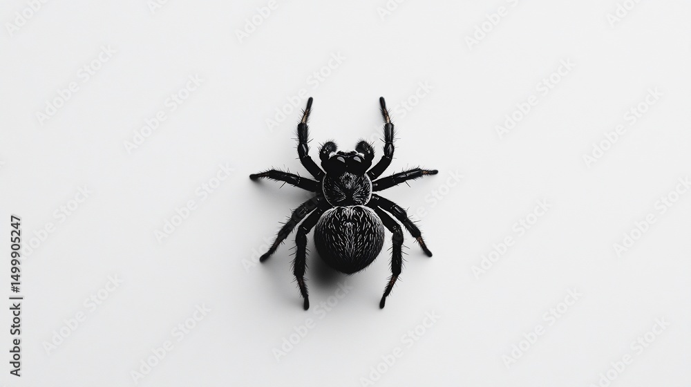 A black spider, viewed from above, rests on a stark white background. Its intricate body details are sharply visible A black spider, viewed from above, rests on a stark white background. Its intricate body details are sharply visible