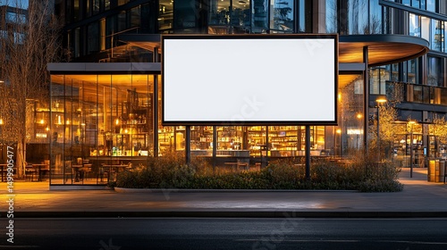 A blank billboard stands outside a brightly lit restaurant at night