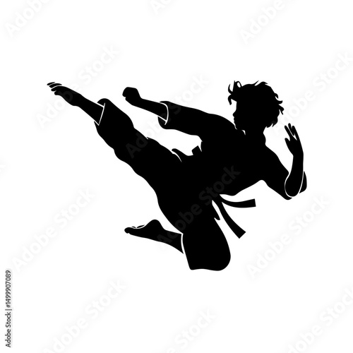 Silhouette of a martial artist performing a high flying side kick in mid-air, wearing a traditional uniform and belt, isolated on a white background with dynamic posture.