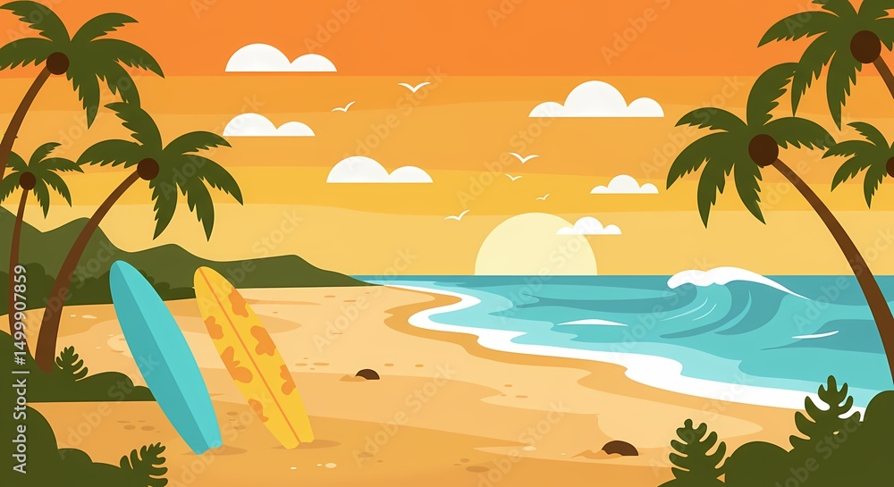 Obraz premium Beach with Surfboard and Palm Trees at Sunset