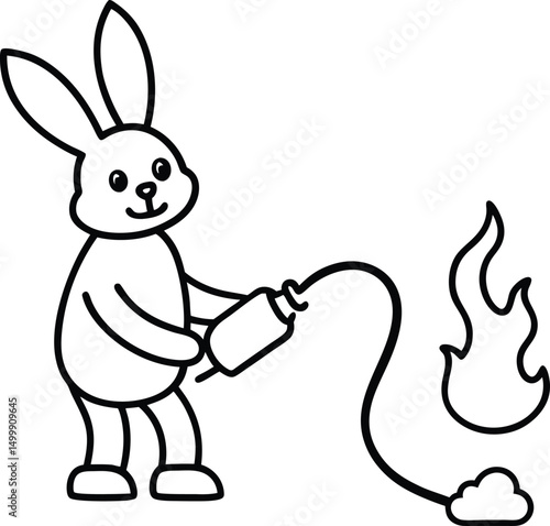 Cute Cartoon Bunny Using Hose to Extinguish Fire Coloring Page