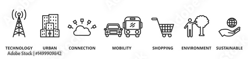 Smart city concept banner icon contain of bank office, hospital, parliament hall, courthouse and office building

