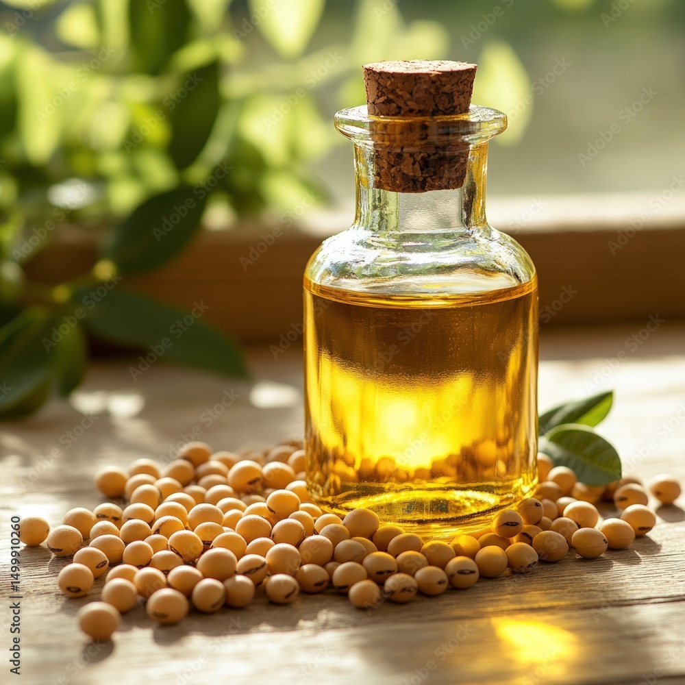 Soybean oil in a glass bottle, surrounded by soybeans Soybean oil in a glass bottle, surrounded by soybeans