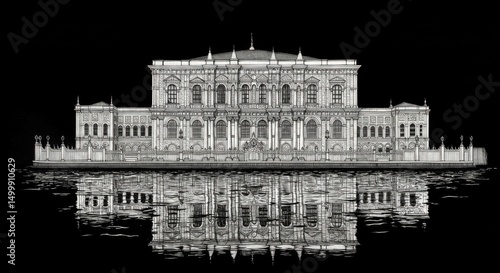 Intricate Line Art of Ciragan Palace Waterfront Facade