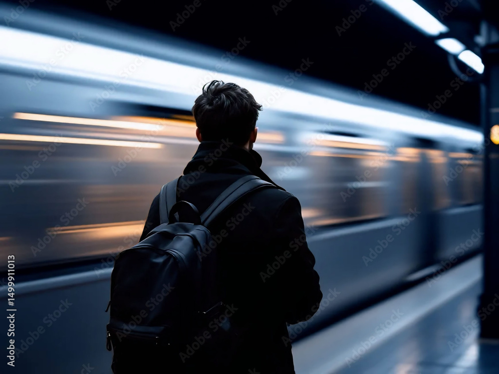 Obraz premium Traveler with backpack at high-speed train platform, night scene.