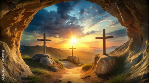 Three crosses stand on a hill at sunrise, viewed from inside a rocky cave with a dramatic sky in the background.