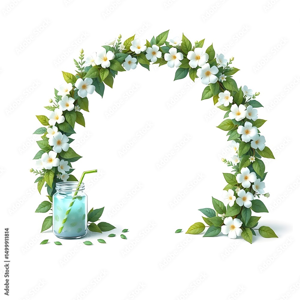Fototapeta premium A white flowered arch with green leaves, and a glass jar of blue drink with a straw at its base.