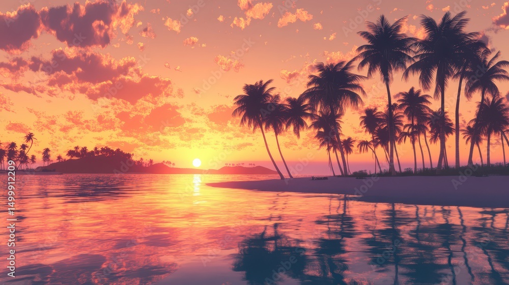 Fototapeta premium Tropical island sunset paradise palm trees and calm ocean