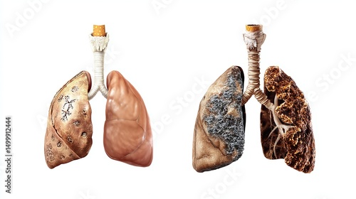 Smoking damage comparison of healthy lungs versus smoker lungs illustration