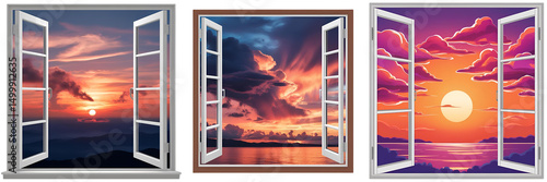 Set of window sunset view cloudscape above isolated on a transparent background.