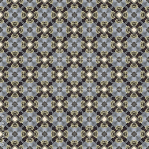 Seamless vector pattern featuring dark green geometric flowers with brown and gray petals, perfect for modern textiles, wallpapers, and elegant design projects.

