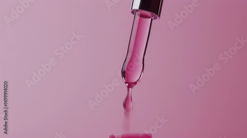 Delicate Pink Liquid Dropping From Pipette; A Beauty and Skincare Concept