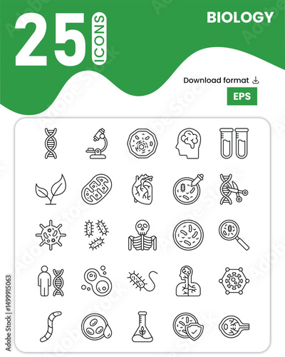 Biology Icon Set: 25 Scientific Outline Vector Icons in Black