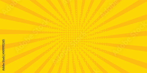 Abstract orange comic background. Art pop cartoon backdrop. Halftone effect pattern. Fun anime texture. Starburst manga style bg. Mark popart radial gradient. Spiral, swirl, comic rays.