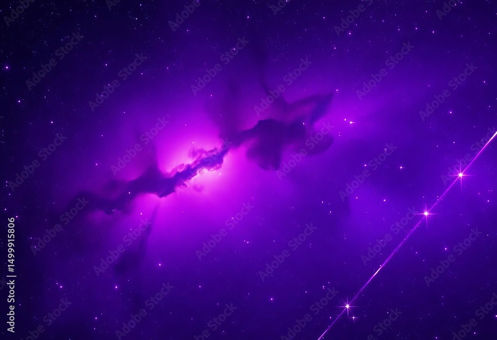 Fototapeta premium Purple nebula galaxy backdrop with shining stars, cosmic dust, and streaking meteors, science fiction, background