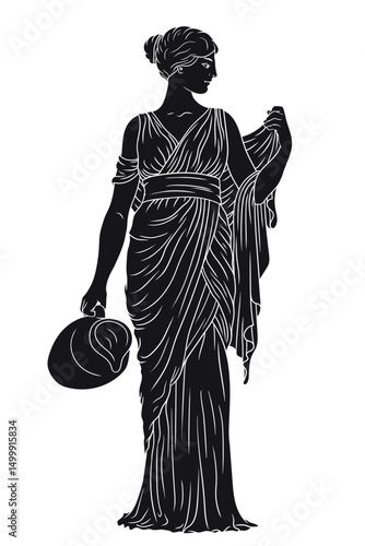 Ancient greek woman goddess in tunic with a jug for wine and water. Figure isolated on white background