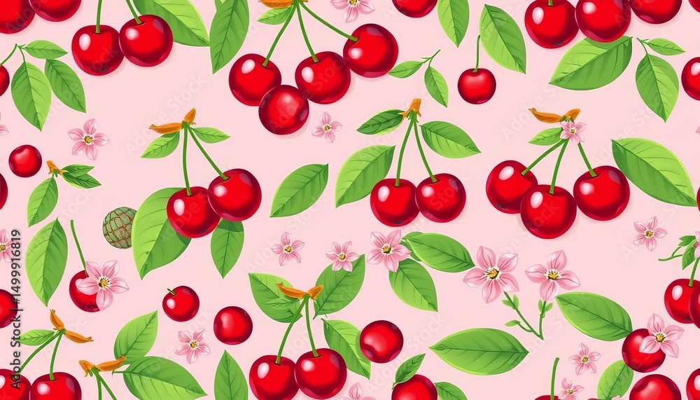 Seamless vector pattern of red cherries, green leaves, and cute pink flowers on a pink background, dessert, print Seamless vector pattern of red cherries, green leaves, and cute pink flowers on a pink background, dessert, print
