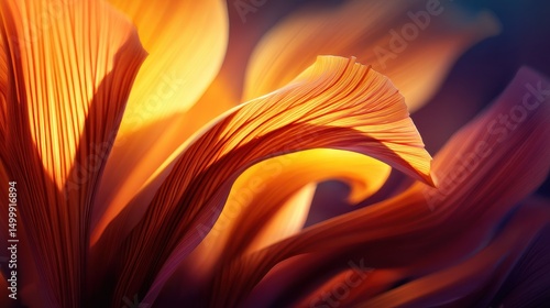 Vibrant abstract close-up of flowing petals in warm hues, showcasing intricate textures and light