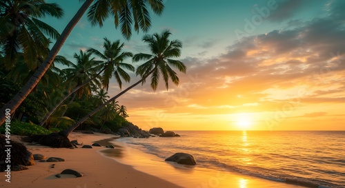 Tropical beach sunset with palm trees overlooking the ocean, a paradise island landscape for summer travel
