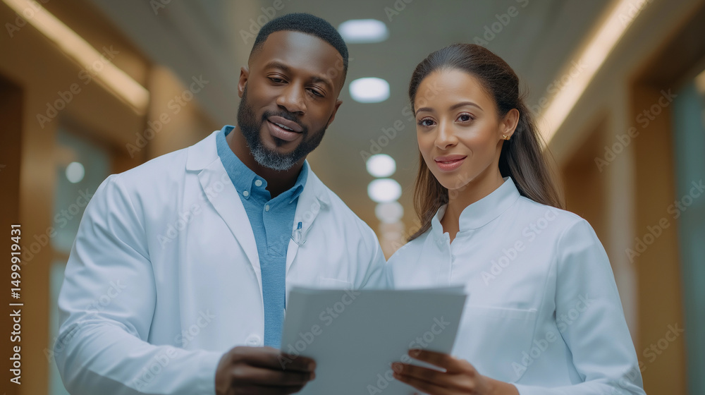 Doctors in Hospital Corridor Discussing Medical Chart Doctors in Hospital Corridor Discussing Medical Chart