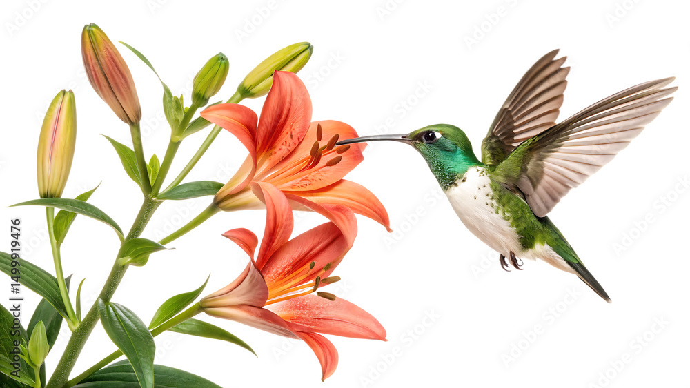 Green Hummingbird Hovering Near Orange Lilies on White Background Green Hummingbird Hovering Near Orange Lilies on White Background