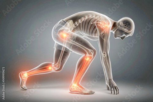 3D Medical Illustration of Joint Pain in Human Skeleton During Athletic Movement, Painful Hip Joint Anatomy X-Ray