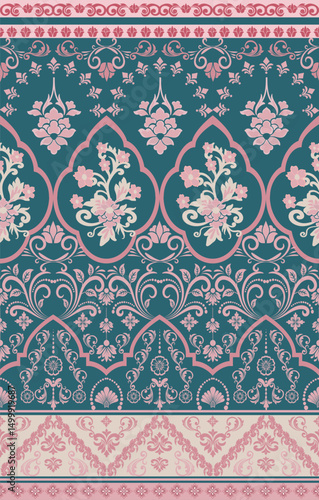 seamless damask pattern vector with green background design for pattern dress, wallpaper, saree border and dress, fabric factory, and other design.