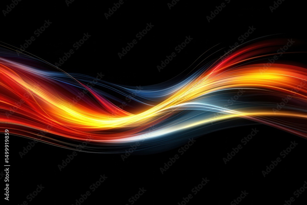 Naklejka premium Vibrant Flowing Light Waves in Red, Orange, Blue and Yellow Tones