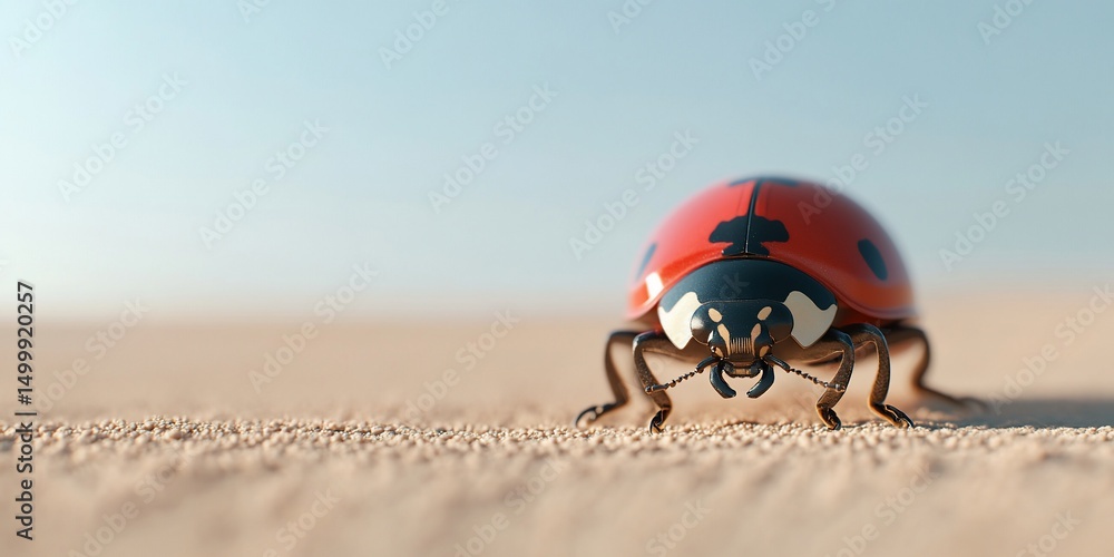 Obraz premium Red ladybug on sandy surface, close-up view