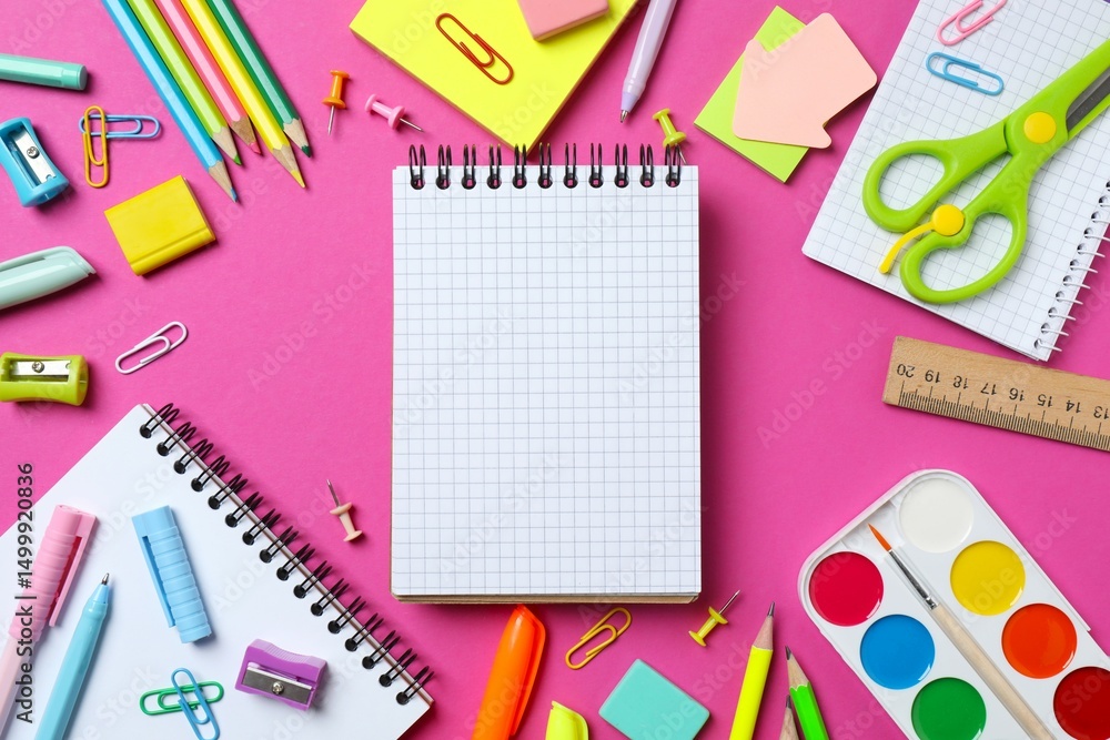 Various colorful school supplies placed neatly on a pink background Various colorful school supplies placed neatly on a pink background